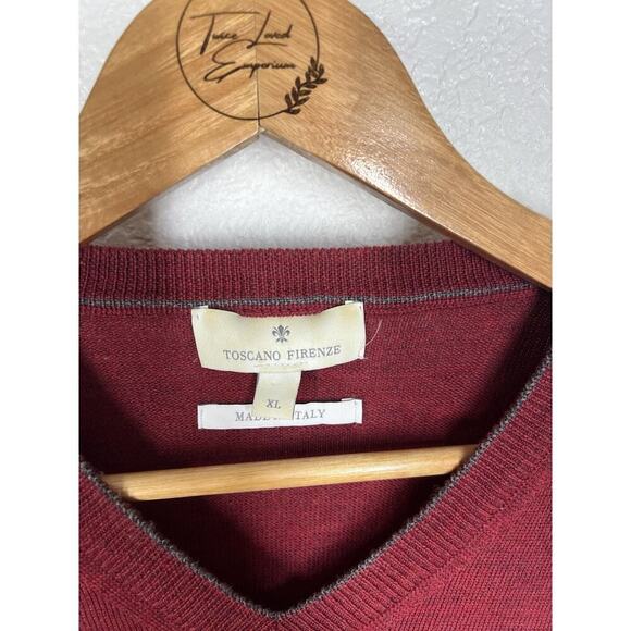 Toscano Firenze V-Neck Sweater 100% Merino Wool Made In Italy Mens XL Red - Picture 2 of 4